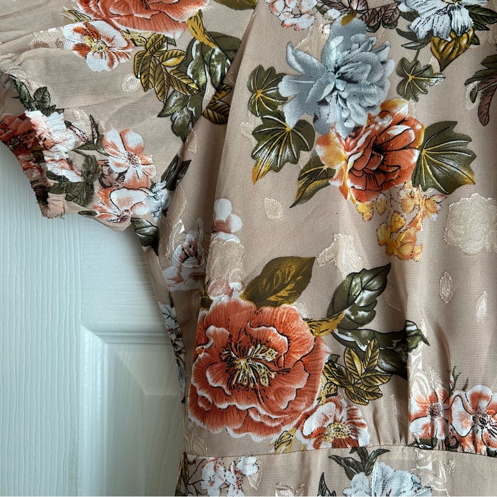 Sugarlips Beige Floral Maxi Dress with Coral & Green Accents - Picture 3 of 6